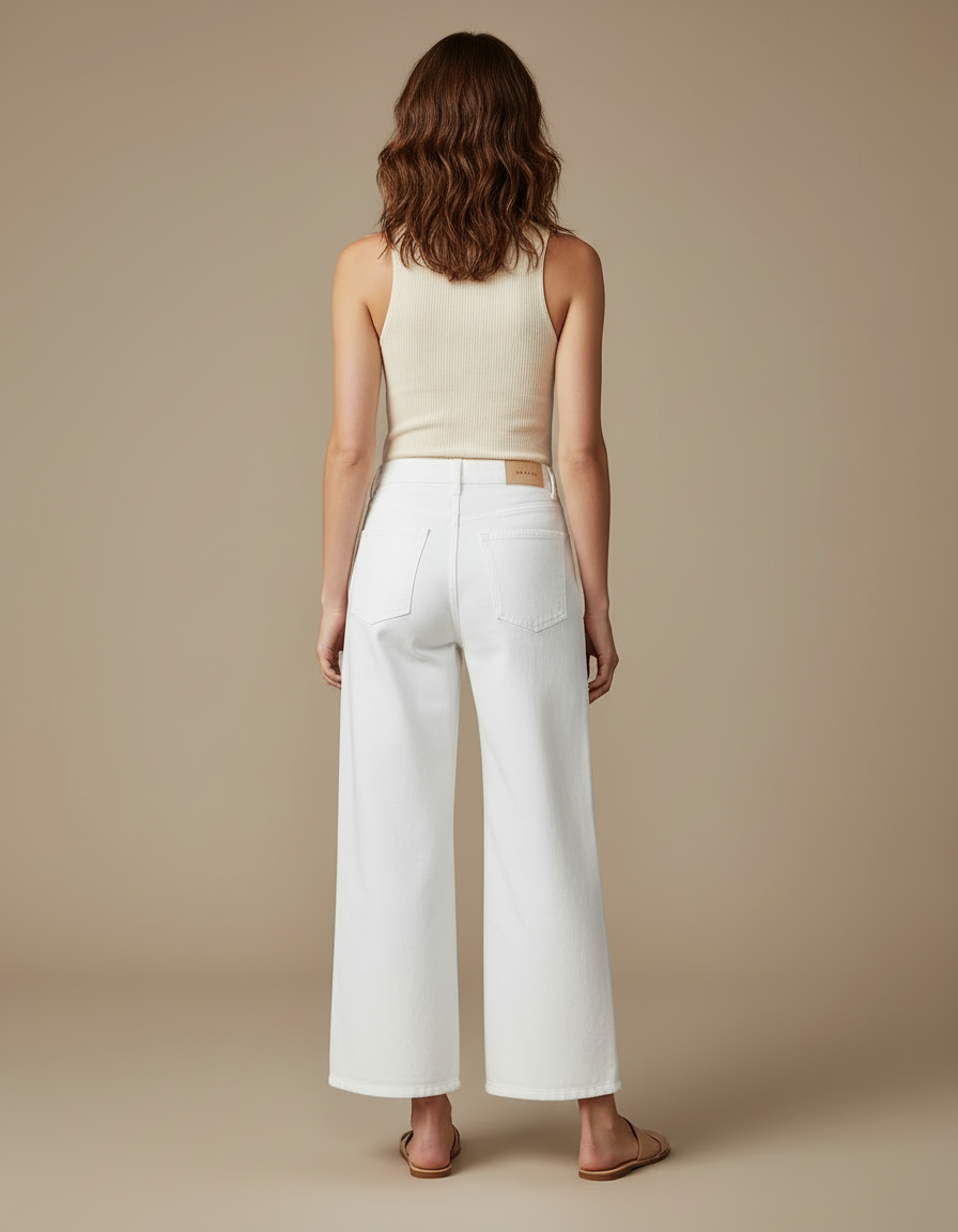 Pantalon Blanc Brodé Ajouré Large Évasé Élégant - Jean - vue 2