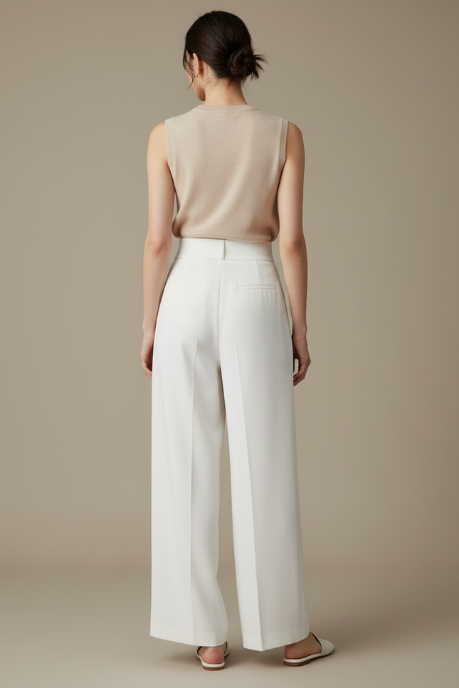 Pantalon Blanc Fluide Ample Taille Haute Élégant Décontracté - Polyester - vue 2