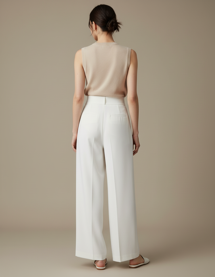 Pantalon Blanc Fluide Ample Taille Haute Élégant Décontracté - Polyester - vue 2
