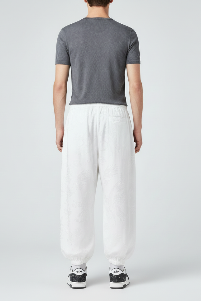 Pantalon Blanc Sarouel Ample Brodé Dragon Homme - Satin - vue 2