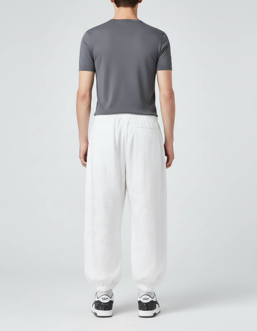 Pantalon Blanc Sarouel Ample Brodé Dragon Homme - Satin - vue 2