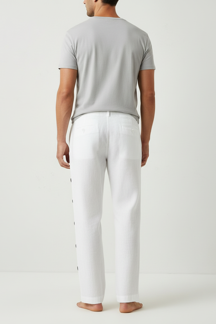 Pantalon Blanc Lin Boutons Latéraux Décontracté Homme - vue 2