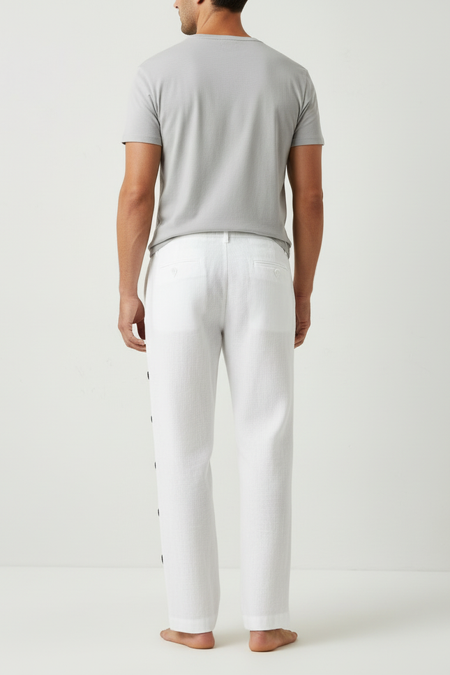 Pantalon Blanc Lin Boutons Latéraux Décontracté Homme - vue 2