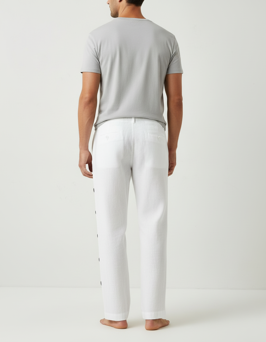Pantalon Blanc Lin Boutons Latéraux Décontracté Homme - vue 2