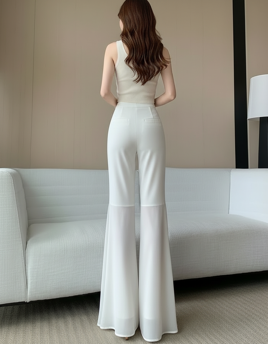 Pantalon Blanc Fluide Transparent Évasé Élégant - Polyester - vue 2