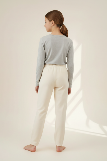 Pantalon Blanc Coton Doux Élastique Enfant Décontracté - Beige Molleton - vue 2