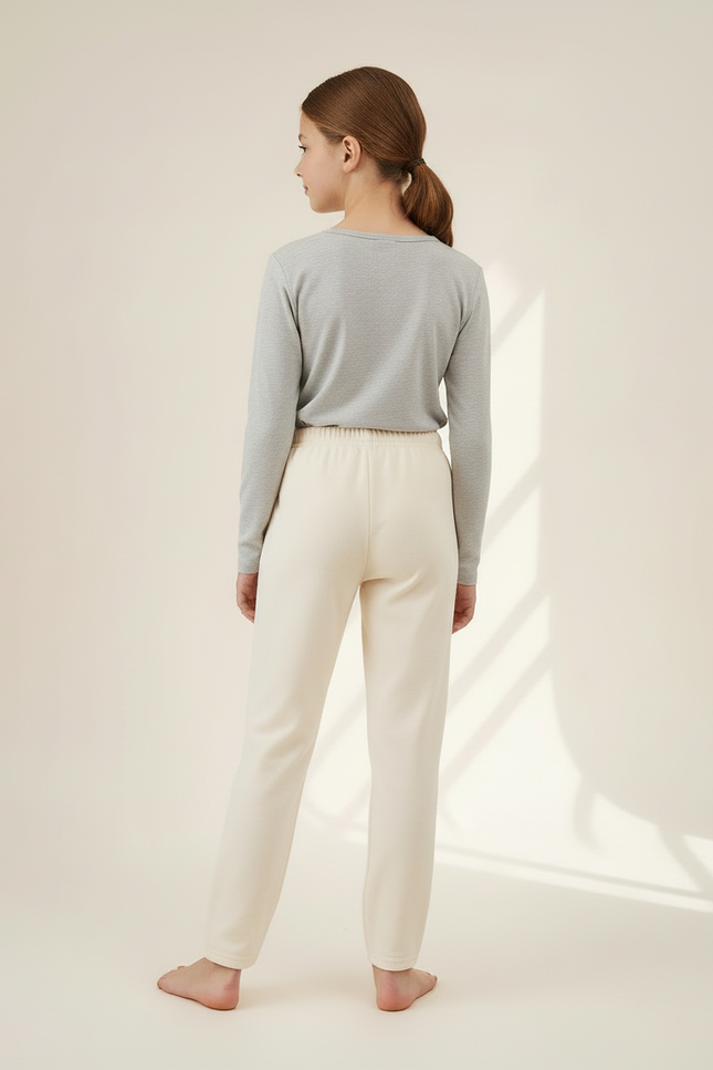 Pantalon Blanc Coton Doux Élastique Enfant Décontracté - Beige Molleton - vue 2
