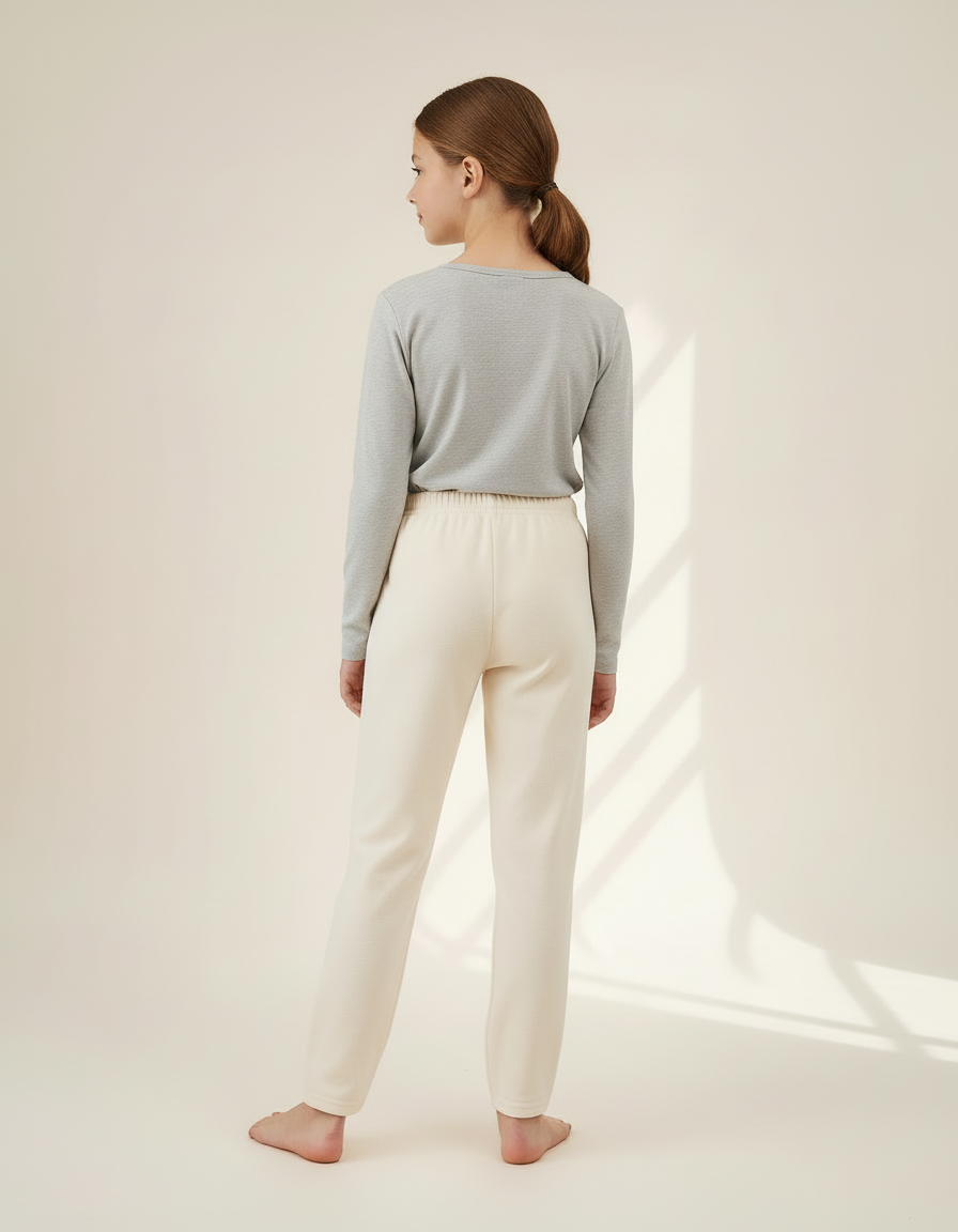 Pantalon Blanc Coton Doux Élastique Enfant Décontracté - Beige Molleton - vue 2