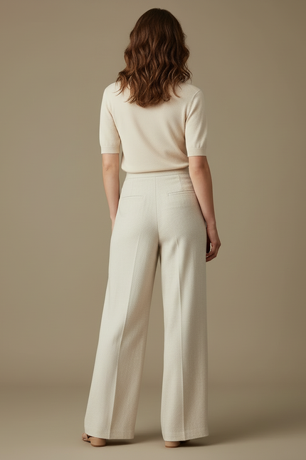 Pantalon Blanc Lin Large Taille Haute Chic - Beige - vue 2