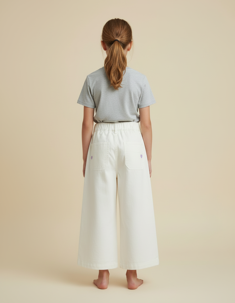 Pantalon Blanc Brodé Ample Décontracté Fille Coton - vue 2