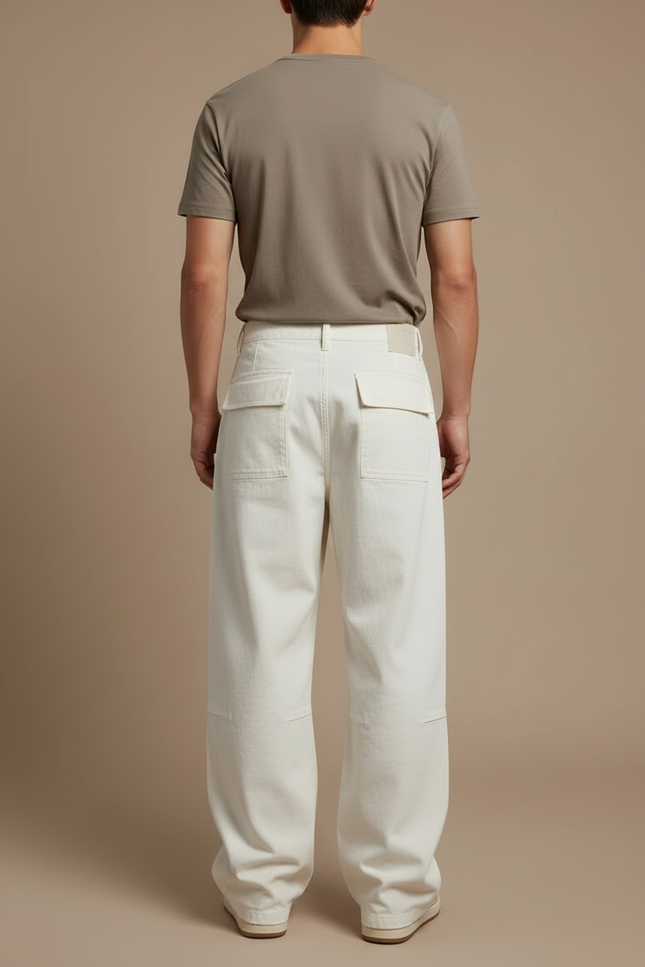 Pantalon Blanc Cargo Ample Coton Décontracté - Beige Toile - vue 2