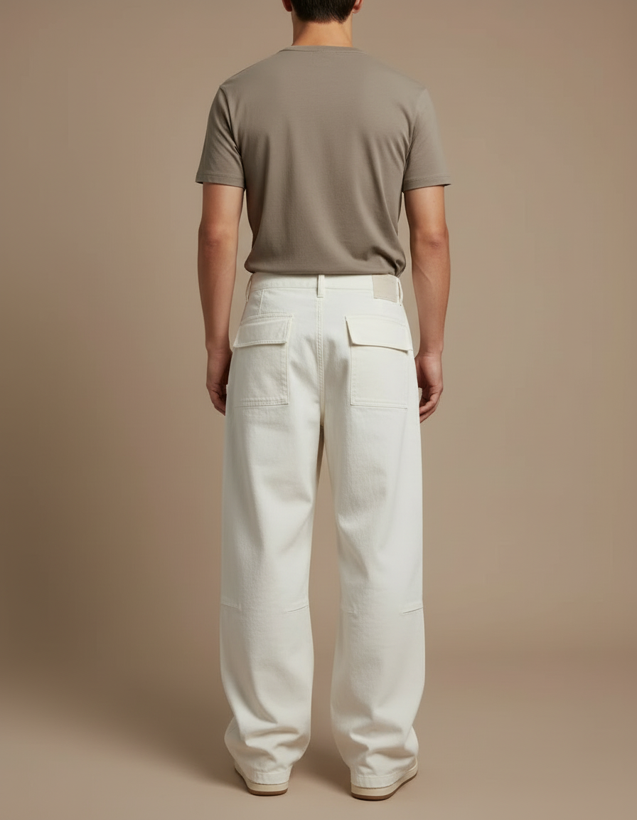 Pantalon Blanc Cargo Ample Coton Décontracté - Beige Toile - vue 2