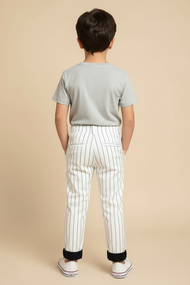 Pantalon Blanc Rayures Fines Droites Garçon Élégant - Coton - vue 2