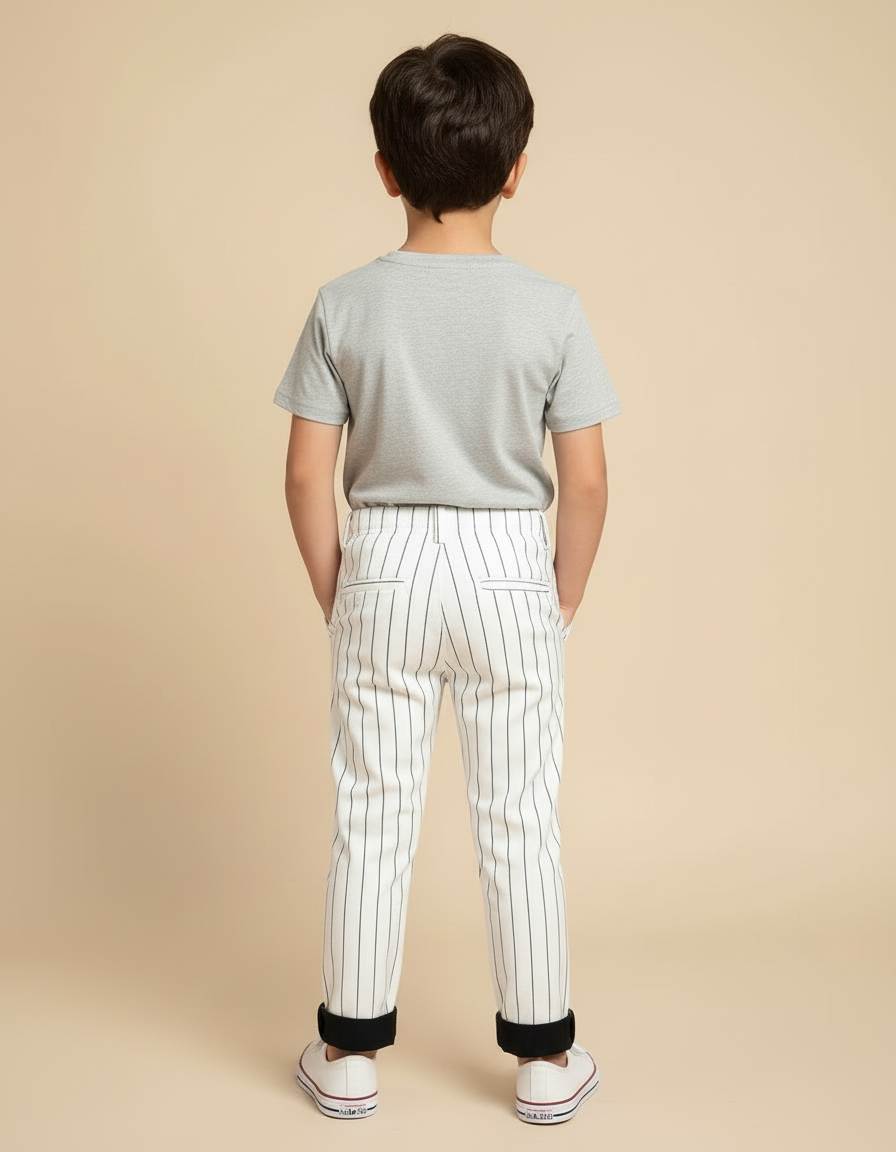Pantalon Blanc Rayures Fines Droites Garçon Élégant - Coton - vue 2