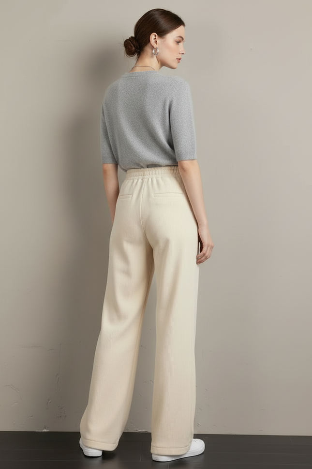 Pantalon Blanc Côtelé Ample Taille Haute Cordon - Beige Cordé - vue 2