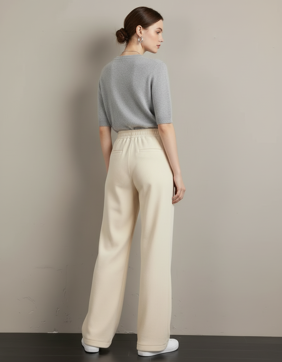 Pantalon Blanc Côtelé Ample Taille Haute Cordon - Beige Cordé - vue 2