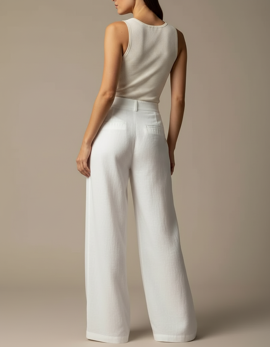 Pantalon Blanc Large Fluide Lin Élégant Femme - vue 2
