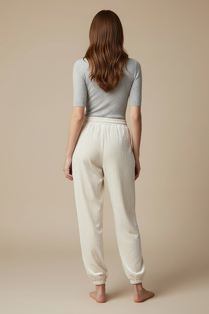 Pantalon Blanc Velours Côtelé Ample Taille Haute - vue 2