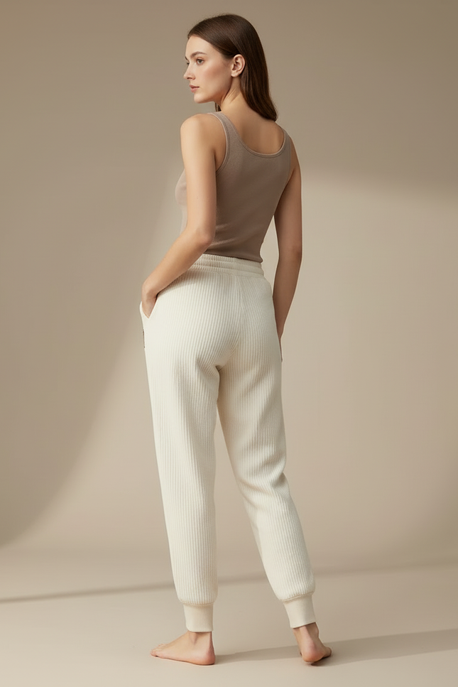 Pantalon Blanc Côtelé Décontracté Brodé Cheville Femme - Beige Cordé - vue 2