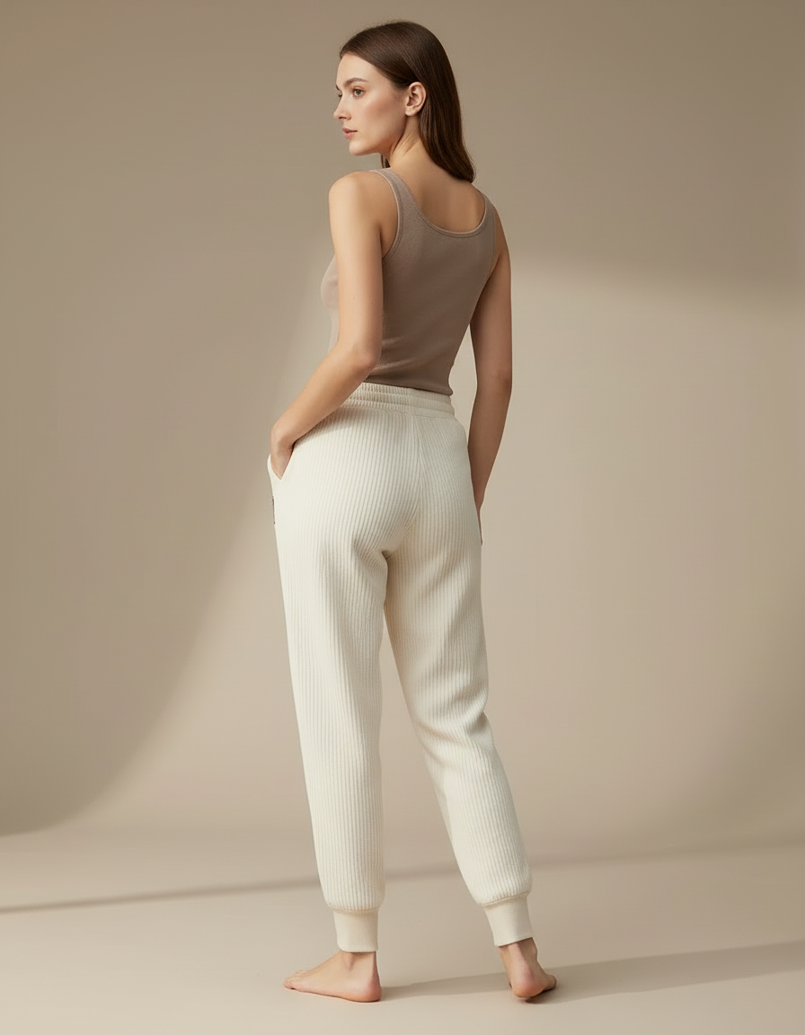Pantalon Blanc Côtelé Décontracté Brodé Cheville Femme - Beige Cordé - vue 2