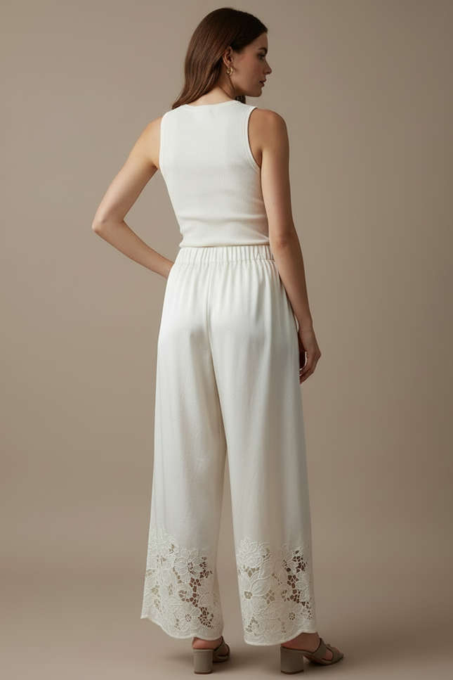 Pantalon Blanc Satin Brodé Ample Fluide Élégant - vue 2