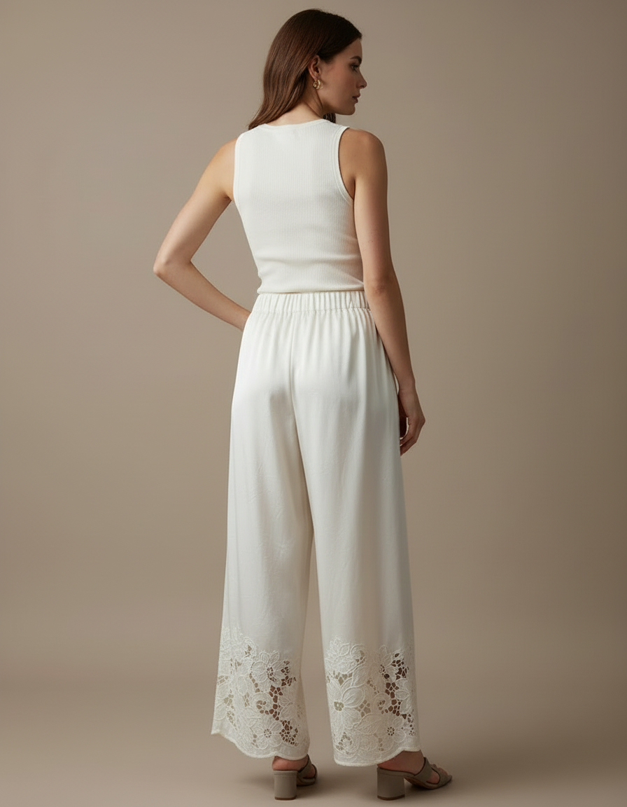 Pantalon Blanc Satin Brodé Ample Fluide Élégant - vue 2