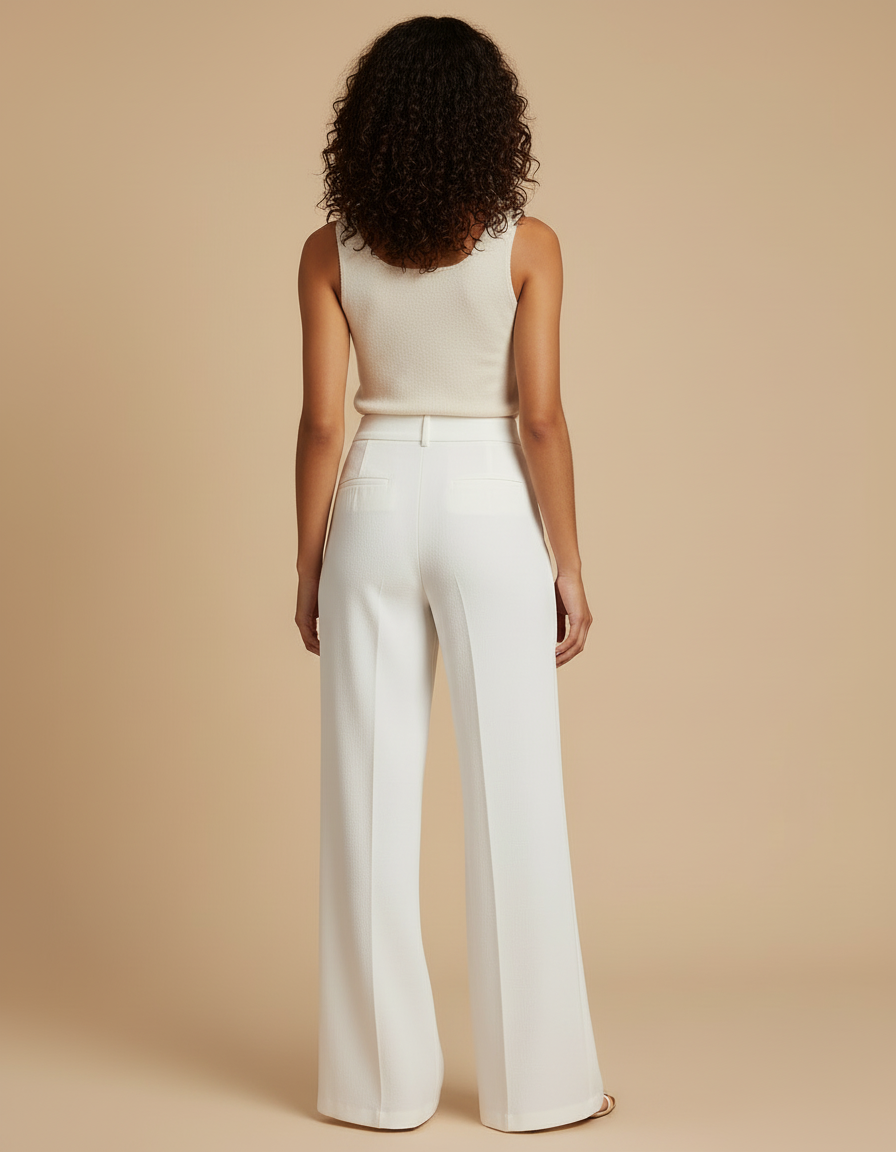 Pantalon Blanc Évasé Taille Haute Élégant - Gabardine - vue 2