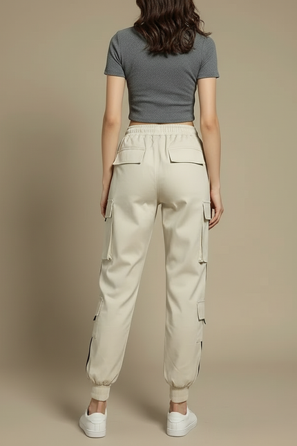 Pantalon Blanc Cargo Femme Ample Décontracté Poches - Beige Polyester - vue 2