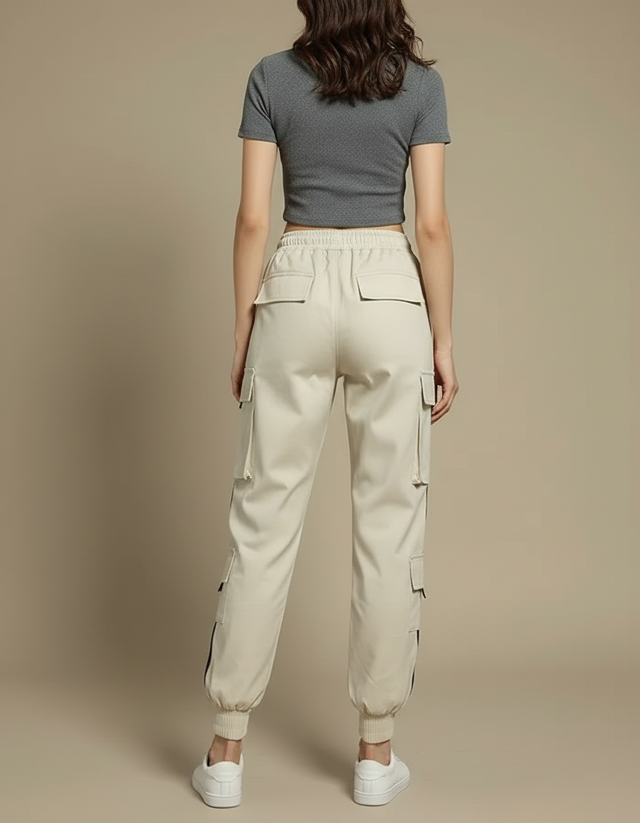 Pantalon Blanc Cargo Femme Ample Décontracté Poches - Beige Polyester - vue 2