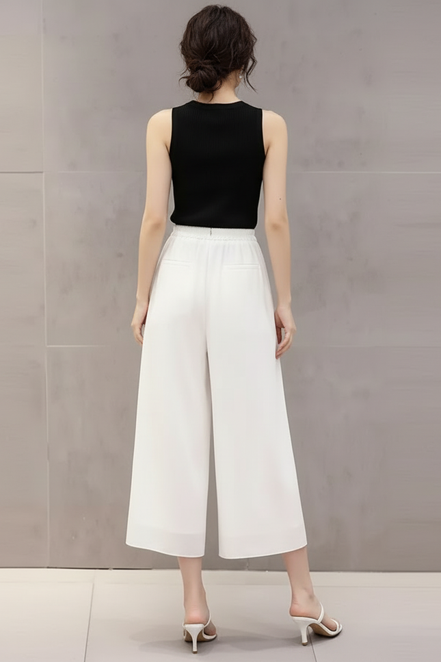 Pantalon Blanc Fluide Ample Chiffon Taille Haute Décontracté - Polyester - vue 2