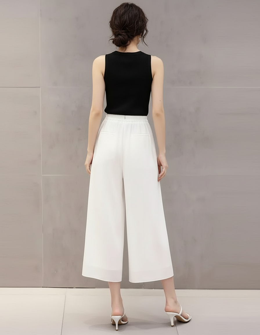 Pantalon Blanc Fluide Ample Chiffon Taille Haute Décontracté - Polyester - vue 2