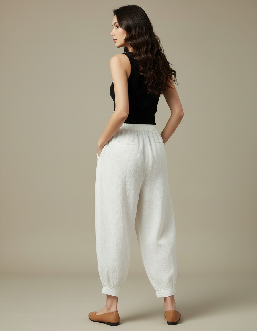 Pantalon Blanc Lin Ample Décontracté Fluide Femme - vue 2