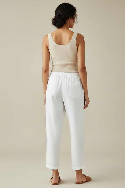 Pantalon Blanc Coton Lin Fluide Ample Décontracté - vue 2