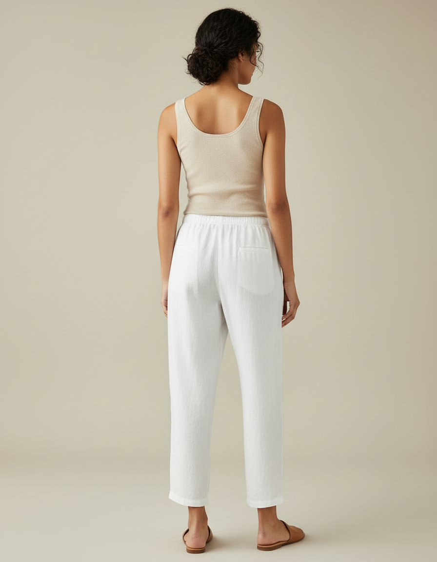 Pantalon Blanc Coton Lin Fluide Ample Décontracté - vue 2