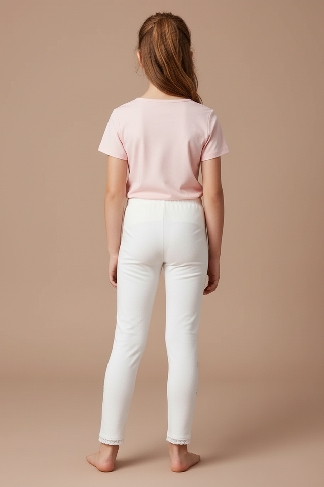 Pantalon Blanc Fille Slim Flocons Brodés Hiver - Molleton - vue 2