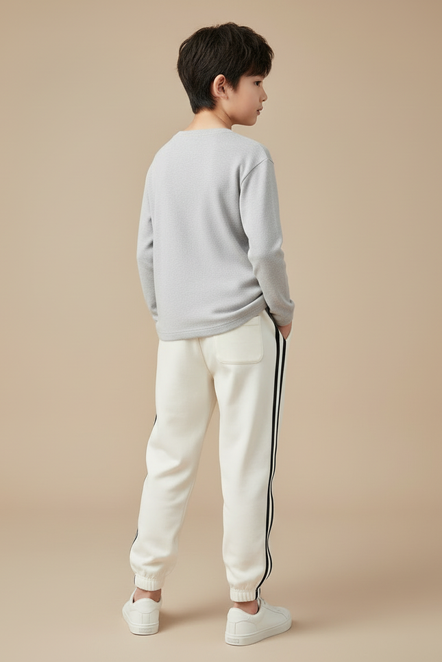 Pantalon Blanc Jogging Rayures Noires Confortable Garçon - Molleton - vue 2