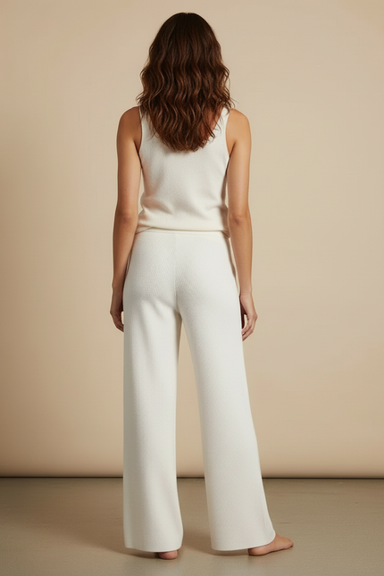 Pantalon Blanc Côtelé Tricoté Ample Confortable Femme - Maille - vue 2