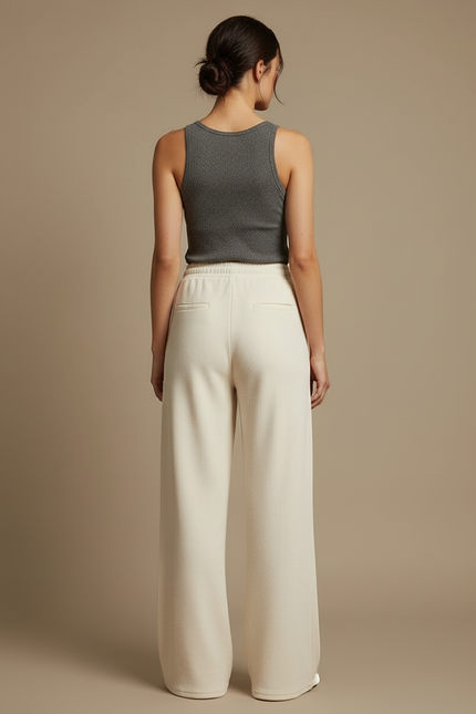 Pantalon Blanc Ample Côtelé Taille Haute Décontracté - Cordé - vue 2