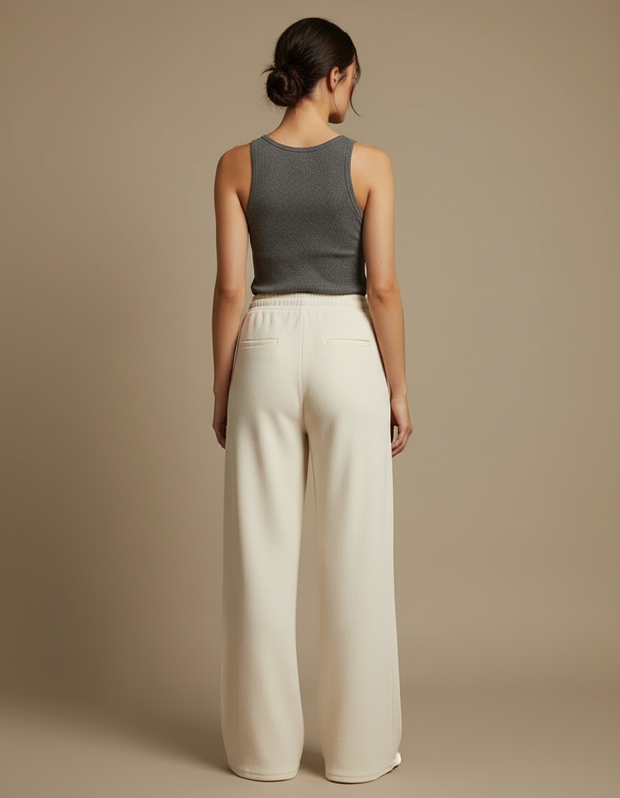 Pantalon Blanc Ample Côtelé Taille Haute Décontracté - Cordé - vue 2
