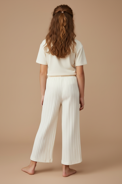 Pantalon Blanc Plissé Ample Confortable Fille Décontracté - Beige Maille - vue 2