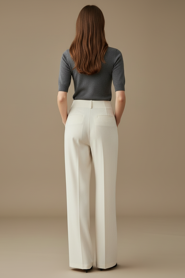 Pantalon Blanc Large Décontracté Femme Fluide Élégant - Cordé - vue 2