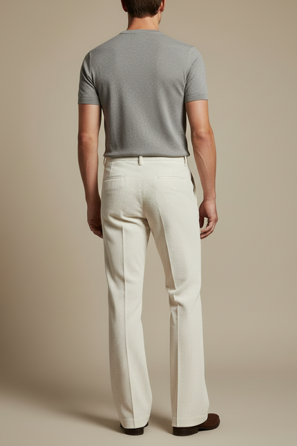 Pantalon Blanc Côtelé Évasé Vintage Homme Élégant - Beige Cordé - vue 2