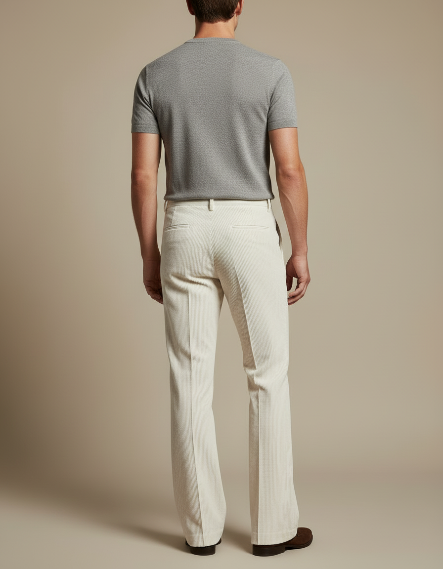 Pantalon Blanc Côtelé Évasé Vintage Homme Élégant - Beige Cordé - vue 2