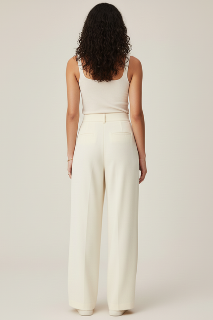Pantalon Blanc Fluide Plissé Décontracté Femme - Beige Polyester - vue 2