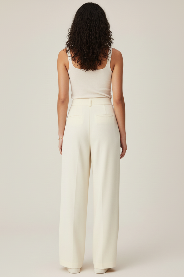 Pantalon Blanc Fluide Plissé Décontracté Femme - Beige Polyester - vue 2
