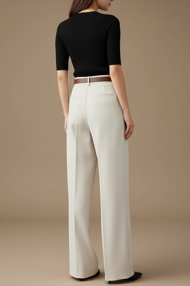 Pantalon Blanc Large Plissé Élégant Femme - Beige Polyester - vue 2