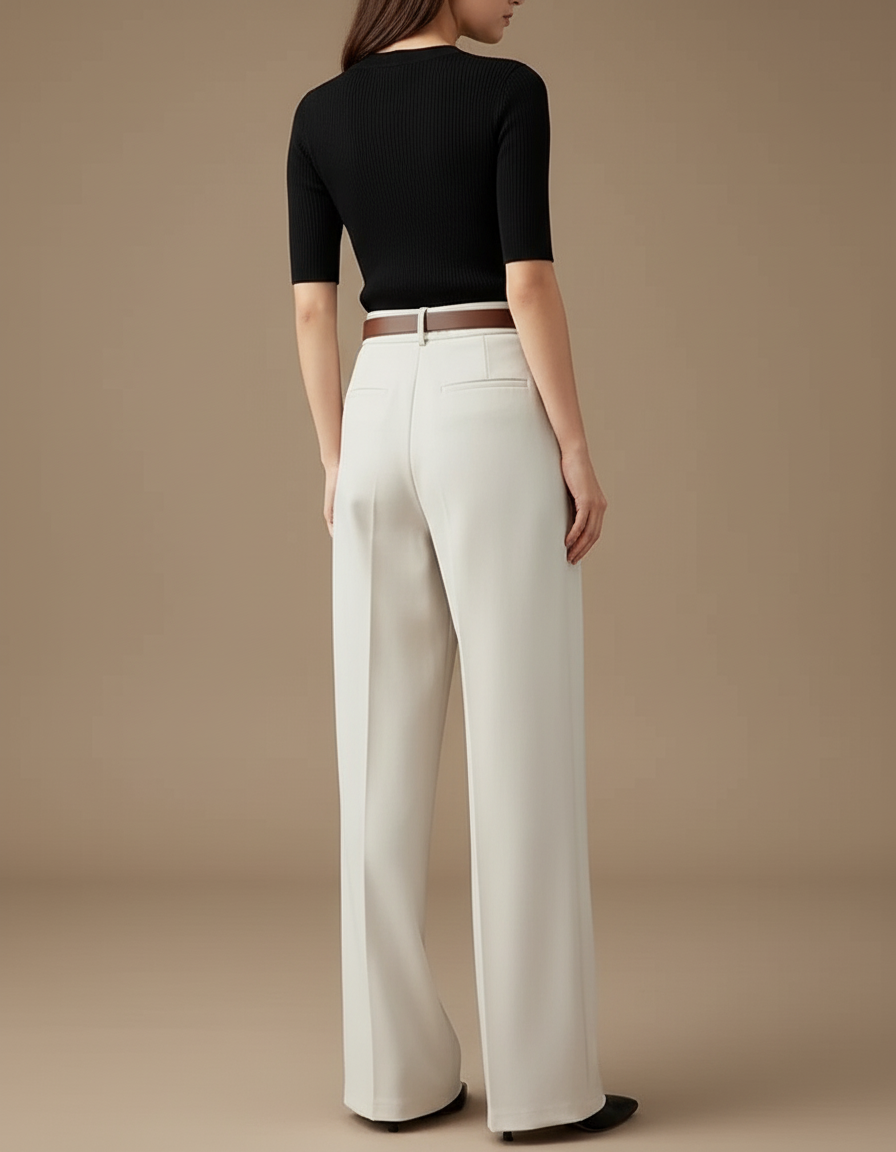 Pantalon Blanc Large Plissé Élégant Femme - Beige Polyester - vue 2