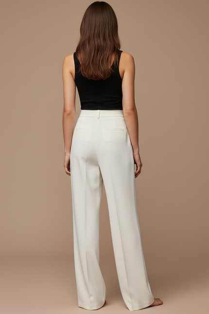 Pantalon Blanc Plissé Droit Élégant Femme Fluide - Polyester - vue 2