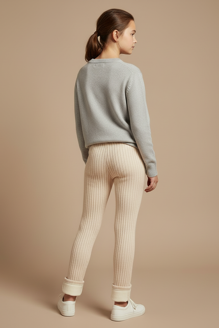 Pantalon Blanc Côtelé Molletonné Enfant Hiver - Beige - vue 2