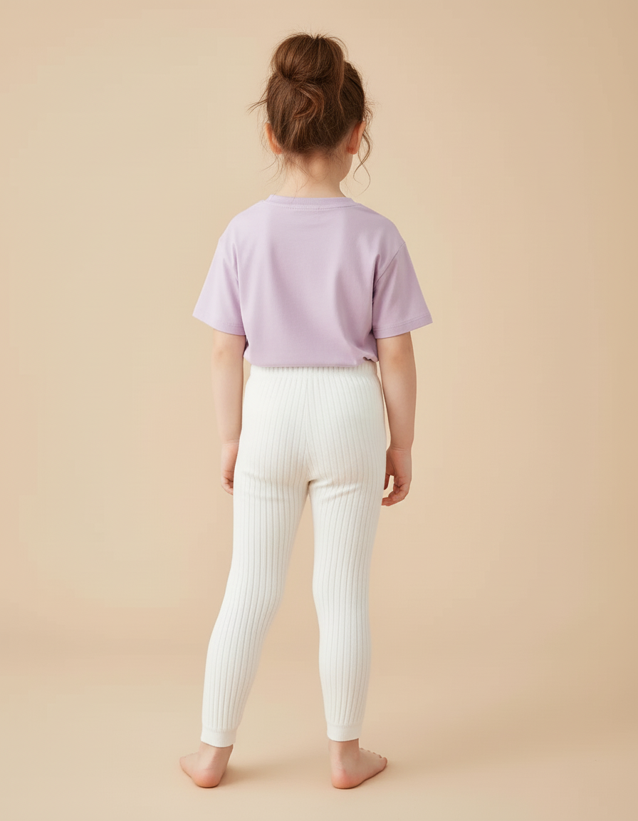 Pantalon Blanc Côtelé Élastique Confortable Fille - Maille - vue 2